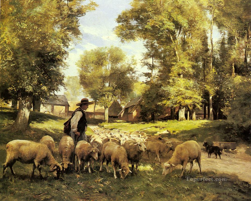 Un berger et son troupeau La vie à la ferme Réalisme Julien Dupre Peintures à l'huile